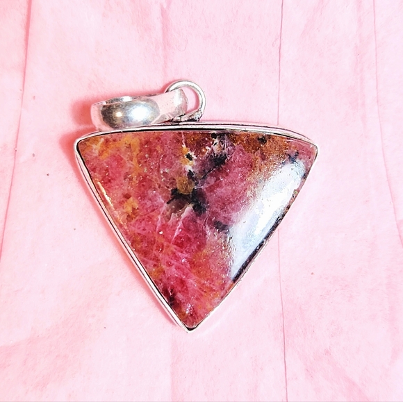 Bright, Pink With Black, Triangular-Shaped, Natural Rhodonite Cabochon Pendant - Picture 4 of 8